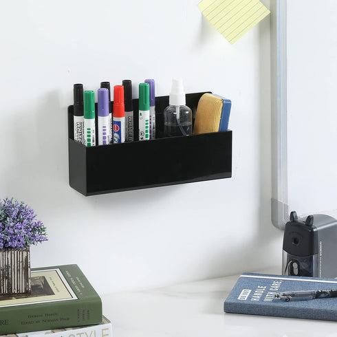 MyGift Black Acrylic Modern Dry Erase Marker Holder, Wall Mounted Office Supplies Storage Rack with 3 Compartments