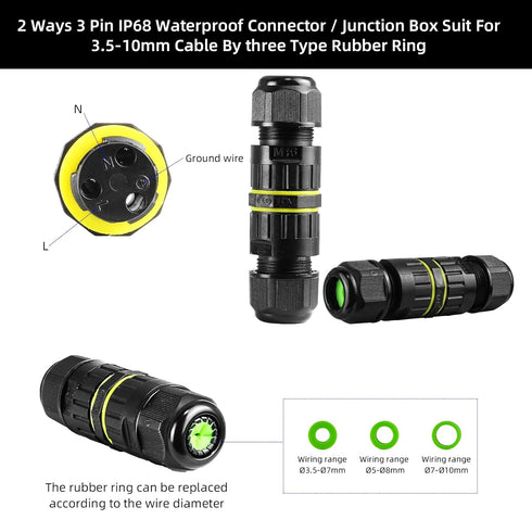 5-Pack IP68 Waterproof 2 Way 3-Core Junction Box Electrical Cable Connector, M16 Wire Range (3.5-10mm) for Outdoor