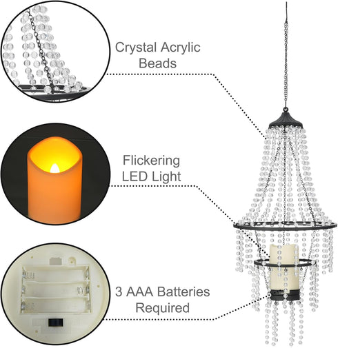 SUNNYPARK 28 Hanging Candle Lantern Outdoor, Battery Operated Modern Clear Acrylic Crystal Chandeliers with Flickering