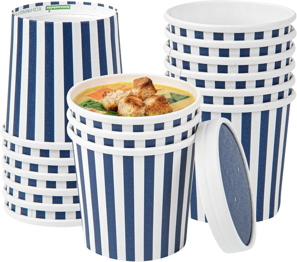 Restaurantware Bio Tek 12 Ounce Soup Containers, 25 Durable Disposable Blue and White Paper Soup Bowls