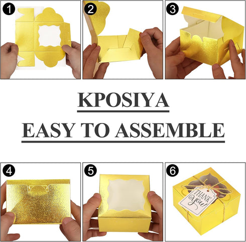 KPOSIYA 10 Pcs Gold Bakery Boxes with Window, Individual Cupcake Boxes 4x4x2.5 Inches for Cookies, Pastries, Macaroon