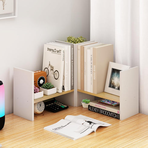 Small Desktop Bookshelf, White Desk Organizers and Storage, Expandable Desk Organization Shelves, Adjustable Narrow
