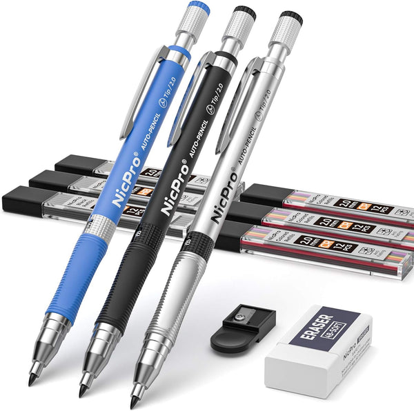 Nicpro 11 Pieces Colors 2mm Mechanical Pencil Set, 3 PCS Carpenter Drafting Pencil for Art Drawing, 2B Refill
