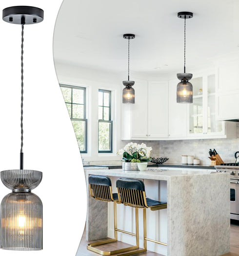 Gmrhndy E26 Glass Pendant Light, Ribbed Smoke Gray Glass Hanging Light with Adjustable Cord, Modern Pendant Light
