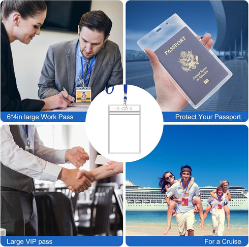 50pcs Fushing Clear Plastic Vertical Name Tags Badge ID Card Holders and Blue Neck Lanyards with Swivel Hook