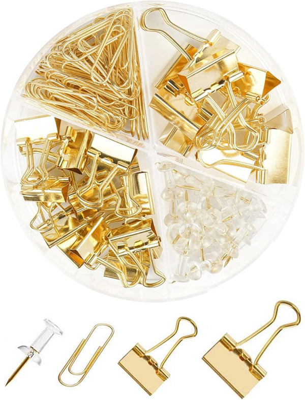 Gold Paper Clips and Binder Clips Set, Assorted Sized Metal Binders with Push Pins for Desk Accessories