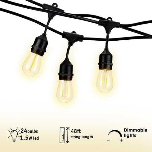 Commercial 48Ft 2Ft 24 Dimmable Bulbs, HLO Lighting Outdoor Weatherproof LED Backyard Bistro Cafe Patio Light String