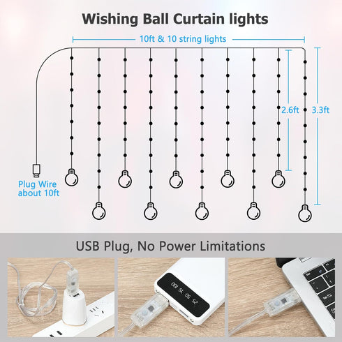 10ft 3.3ft 200+ Wishing Ball Curtain Lights, x RGB LED Color Changing String Fairy Lights Curtain, Smart APP & IR