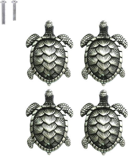 Turtle Drawer Knobs - Nautical Beach Ocean Theme Pulls for Dresser, Cupboard, Wardrobe, Kitchen (Pack of 4, Pewter)