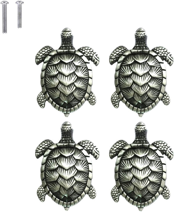 Turtle Drawer Knobs - Nautical Beach Ocean Theme Pulls for Dresser, Cupboard, Wardrobe, Kitchen (Pack of 4, Pewter)