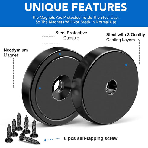 150LB 6 Pack MIKEDE Heavy Duty Magnets with Hole, Strong Magnets, Black Pot Magnet with Screw for Wall Mounting, Rare