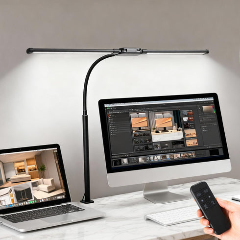 fuaoddda LED Desk Lamp with Clamp, Double Head Adjustable Architect Light, Eye-Caring Monitor