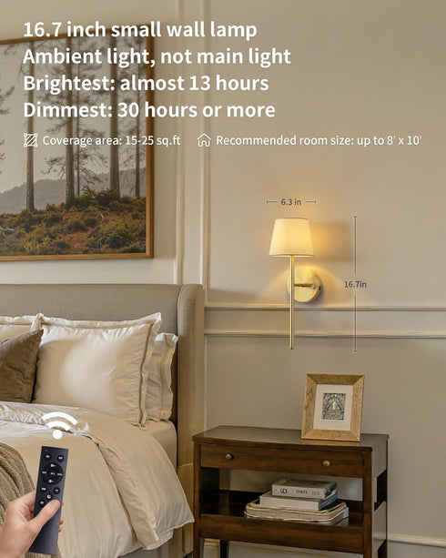 Set 5200mAh Gold Wall Sconces of Two, Small Rechargeable Battery Operated Wall Lamp with Remote, Cordless Wall Lights