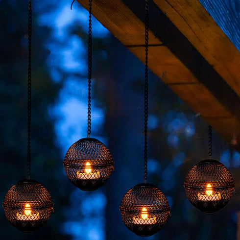 4 Pack Solar Hanging Lanterns Lights Outdoor, Hanging Candle Holder with Solar Tea Lights Candles Outdoor Waterproof