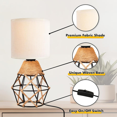 Set 2 Hamilyeah Table Lamps of with On/Off Switch, Farmhouse Woven Bedside Lamps for Night Stands with Beige Linen