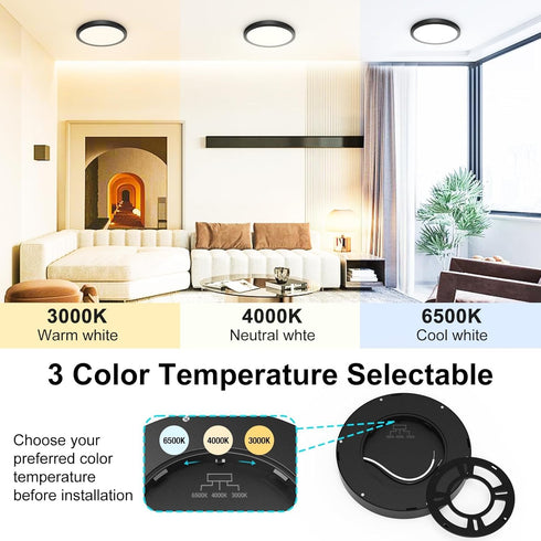15W 1500Lm 3000K-4000K-6500K 7 Inch Closet libtit Black Flush Mount Ceiling Light, Thin Flat LED Lighting Fixture