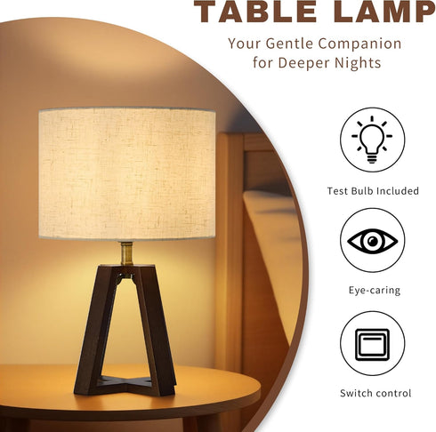 Booniture Dimmable Bamboo Table Lamp, Farmhouse Bedside Lamp with Linen Shade, Mid Century Modern Nightstand Light