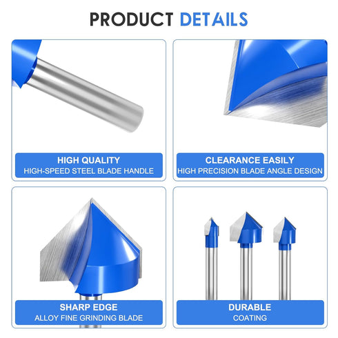Wingsflee 1/4 Inch 90 Set 8 (1/4" 1") Shank Degree V Groove Router Bit - Sizes to Solid Carbide Double Flute for CNC