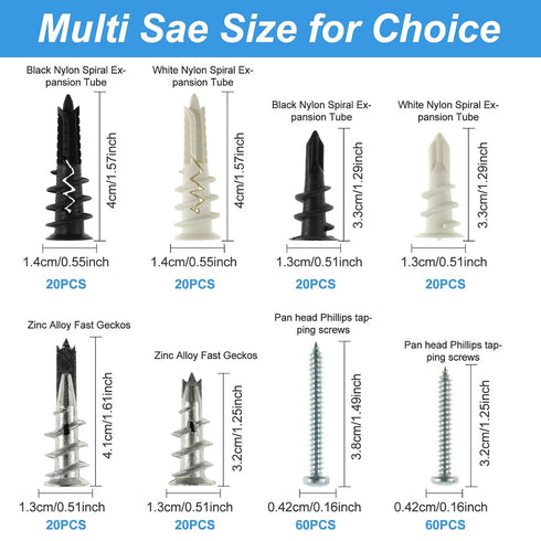 Abizarch Accessories(240PCS) Drywall Anchor Screw Kit Firmware Self Drilling Screws Bolt Plug for Installing Electrical