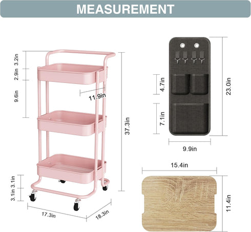 DTK 3 Tier Metal Utility Rolling Cart - Storage Organizer Cart with Table Top and Side Bags