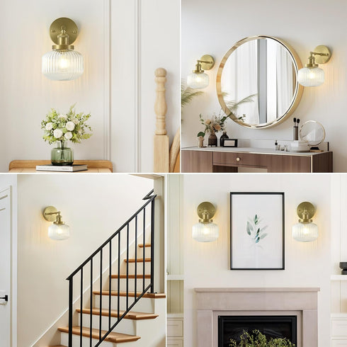 1 Pack Vintage Wall Sconces with Clear Pumpkin Glass Lampshade, Indoor Bathroom Wall Sconce, Modern Gold Industrial