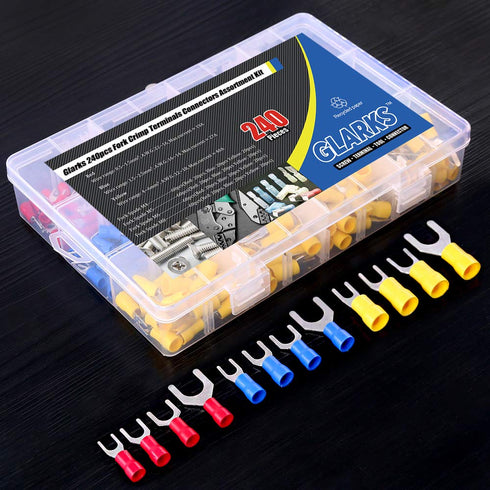 Glarks 240pcs Fork Spade Quick Splice Crimp Terminals Connectors Assortment Kit (22-16/16-14/12-10 Gauge)