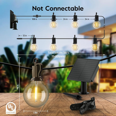 38Ft 15 Commercial G40 Bulbs, Minetom Solar Outdoor Lights - LED Waterproof Solar String Lights with USB Port and Cable