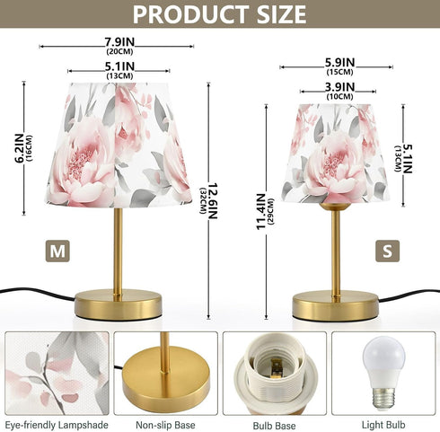 Dimmable ALAZA Table Lamp for Bedroom Nightstand Pink Peonies Rose Flower Bedside Lamp with USB Port Fabric Shade Desk