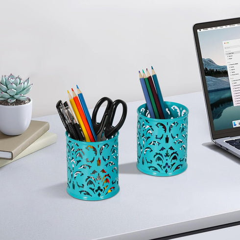 EasyPAG Metal Round Pen Holder 2 Pack - Dark Teal Desk Pencil Organizer for School & Office