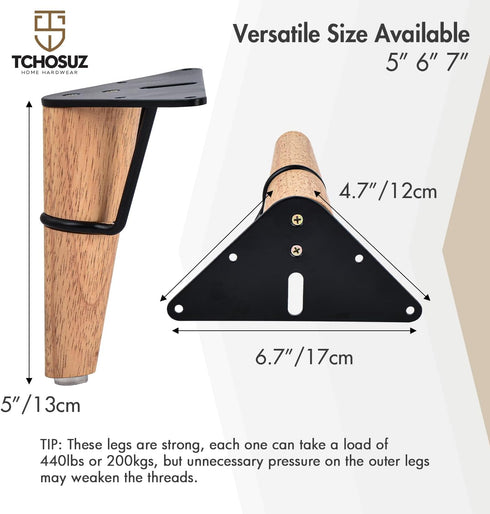 TCHOSUZ 5 Inch 13 cm Set 4 / Wooden Furniture Legs, of Solid Wood Mid-Century Modern Metal Triangle Top Plate