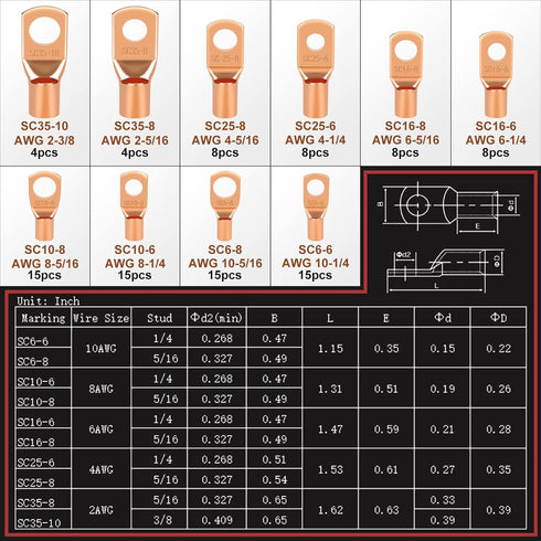 200pcs Battery Cable Ends, Copper Wire Lugs AWG 2-10 Gauge with Heat Shrink Assortment Kit