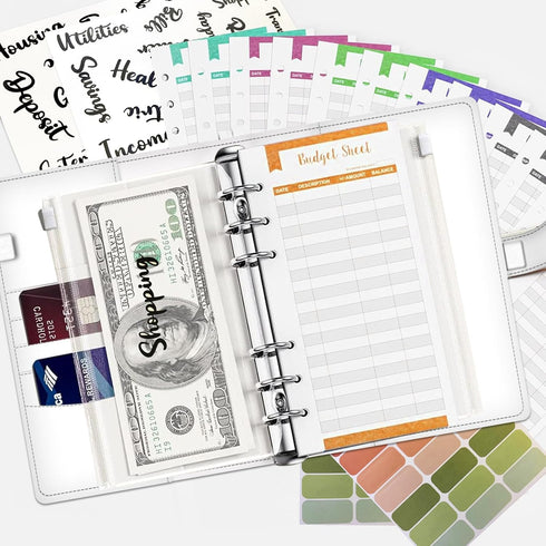 ALKKDPS A6 12 Budget Binder with Cash Zipper Envelopes, Cute Money Saving Binder, PU Leather Money Organizer, Cash