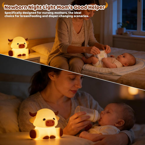 7 Dimmable Cute Highland Cow Night Light, LED Touch Silicone Lamp for Bedroom with Colors Timer and Squishy