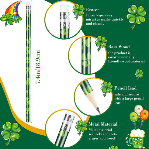 St. Patrick's Day Pencils Shamrock Clover Novelty Stripe Pencils with Eraser, 50 Pieces