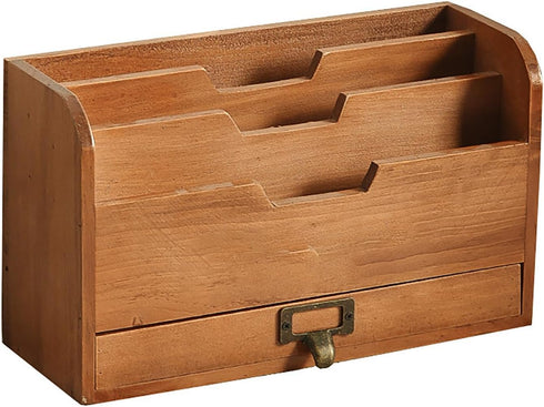 Wooden Desktop Organizer Rack with Drawer for Storing Stamps, Notes, Paper Clips, Scissors