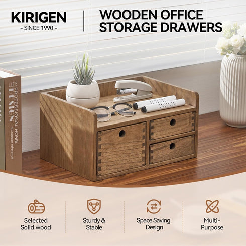KIRIGEN Desk Organizer with 3 Drawers, Dark Brown Wooden Storage Box for Office Supplies and Toiletries