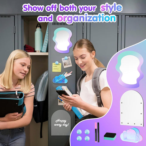 MoKo Locker Accessories Set, 5 in 1 Back to School Supplies, Magnetic Acrylic Board, Locker Mirror, Markers Holder