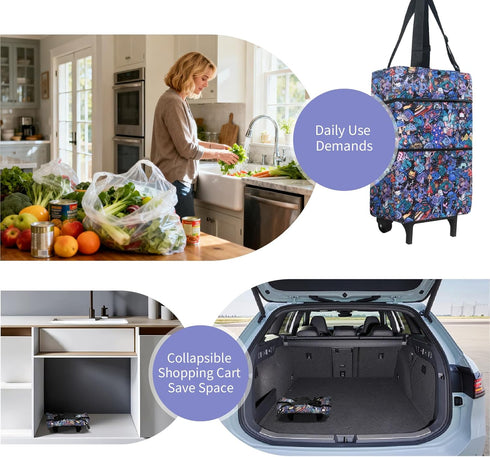 EmHangzz Folding Shopping Bag with Wheels, Small Rolling Folding Grocery Cart on Wheels, Collapsible Wheeled Portable