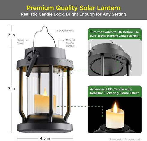 FriutShine 2 Pack) Solar Lantern Outdoor Indoor Use Hanging Solar Lights with Realistic Flickering Flameless Candle