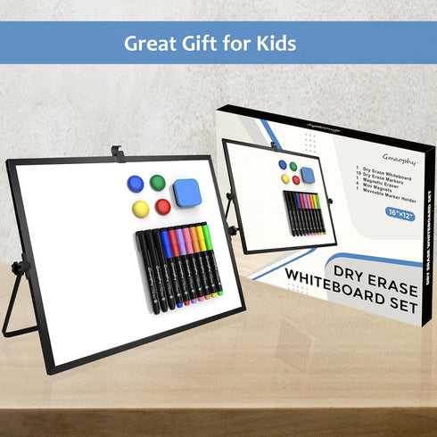 Dry Erase White Board, 16 x 12 Inch Magnetic Whiteboard with Stand, Portable Double-Sided Easel, 10 Markers, 4 Magnets,