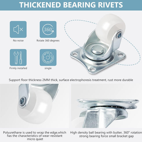 1" Low Profile Caster Wheels Set of 4, No Noise Casters for Furniture, 360 Degree Top Plate