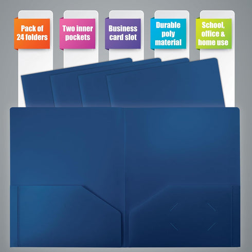 Heavyweight Blue Plastic 2 Pocket Portfolio Folder, Letter Size Poly Folders by Better Office Products, 24 Pack
