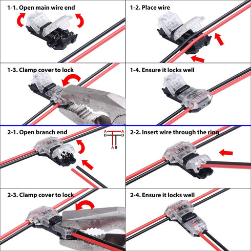 2 Pin T Connector for 22/20/18 AWG Wiring, IDC Self Stripping T Tap Wire Splicer for Car, LED Lighting, Video/Audio (10