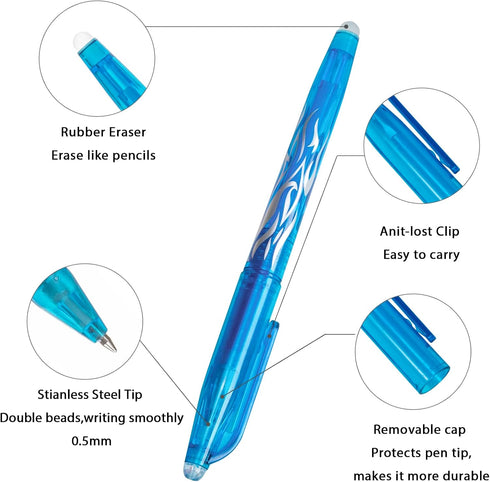 RIANCY Erasable Pens, 8 Colors Multicolored Gel Ink Rolling Ball Extra Fine Point Smooth Writing Pens with Eraser