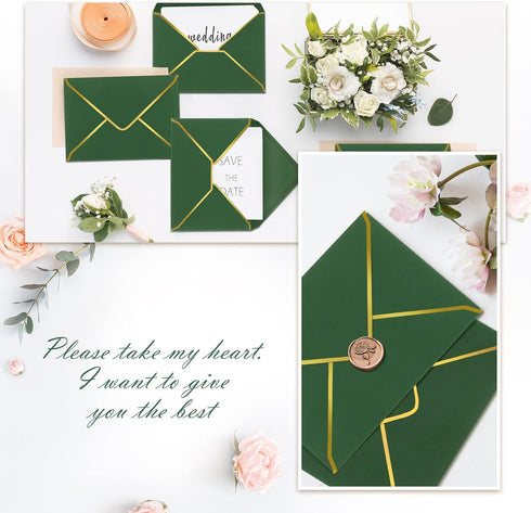 Teling 100 Pack A7 V Flap Envelope Invitations, 5 x 7 Fancy Envelopes with Gold Border for Bridal Shower Wedding