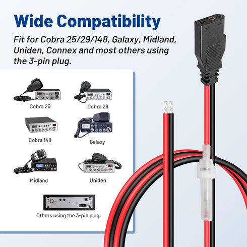 3 16AWG with15A Anina CB Radio Power Cable Pin Heavy Duty Fuse Compatible with Cobra, Galaxy, Midland Direct to Car