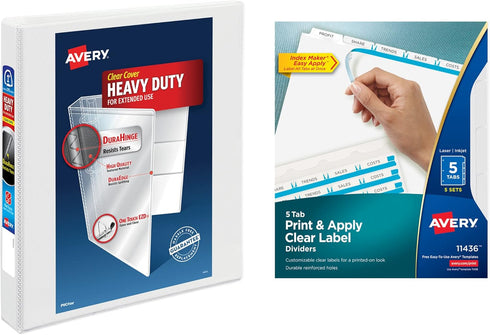 Avery Heavy-Duty View 3 Ring Binder with 1 Inch Rings, 5 Tab Easy Print & Apply Clear Label Dividers, Office Supplies