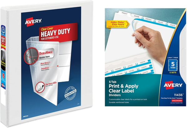 Avery Heavy-Duty View 3 Ring Binder with 1 Inch Rings, 5 Tab Easy Print & Apply Clear Label Dividers, Office Supplies