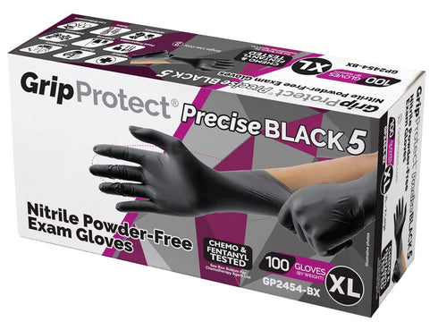 GripProtect Precise Black Nitrile Exam Gloves - 5 Mil Thickness, Chemo-Rated for Medical, Law Enforcement, Tattoo,
