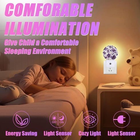 GANTINIR Purple Flower Night Light Watercolor Floral Night Lights LED Lamp Round Plug into Wall Nightlight with Dusk